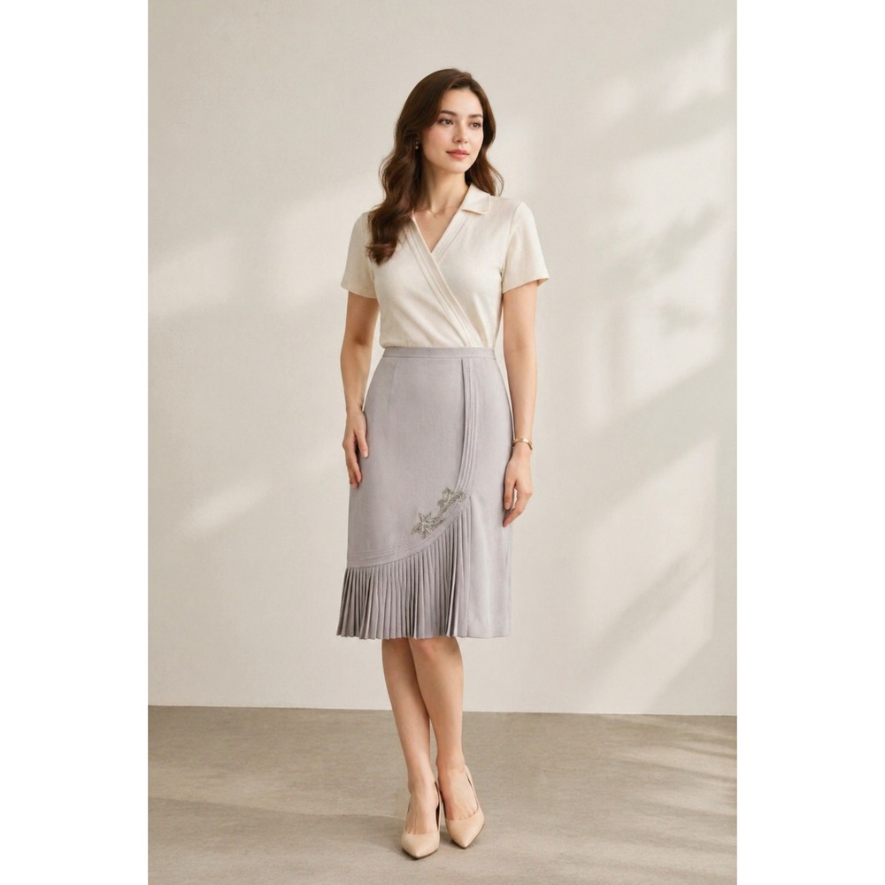 Vintage Gray Pleated Midi Skirt M Minimalist Academia Preppy Feminine Retro Chic